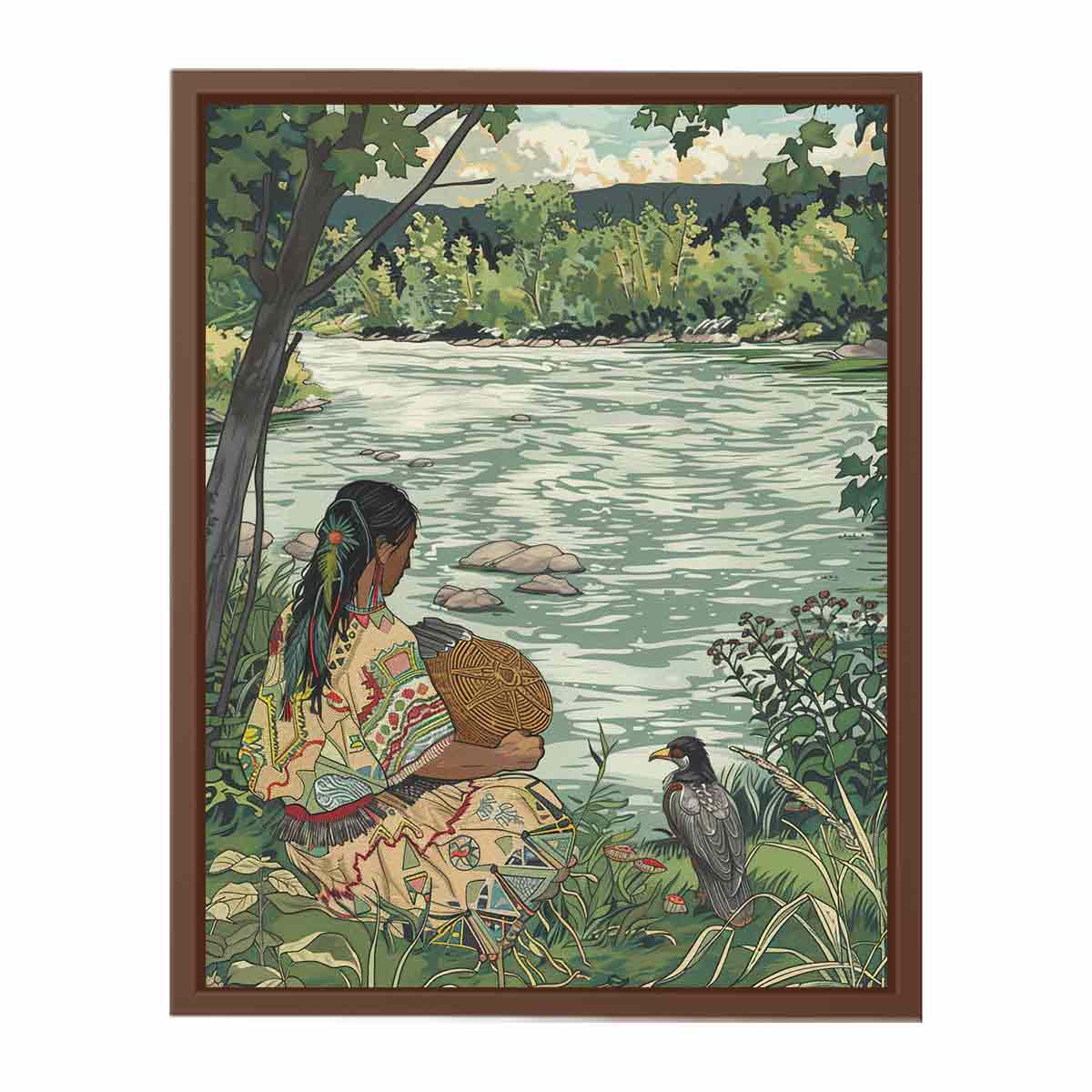 Peaceful riverside basket weaving illustration canvas art for nature-inspired bedroom decor.