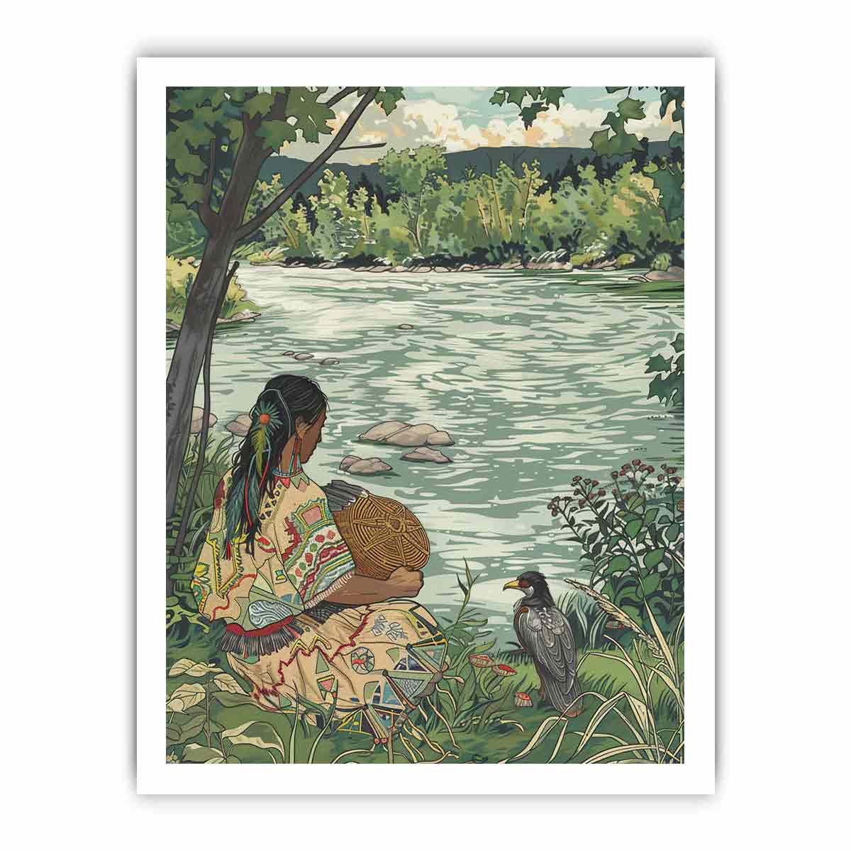 Peaceful riverside basket weaving illustration canvas art for nature-inspired bedroom decor.