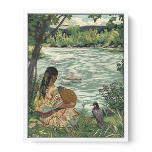 Peaceful riverside basket weaving illustration canvas art for nature-inspired bedroom decor.