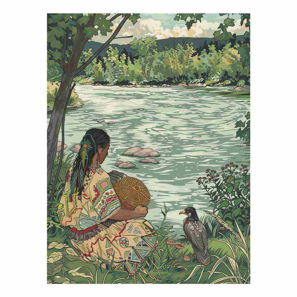 Peaceful riverside basket weaving illustration canvas art for nature-inspired bedroom decor.
