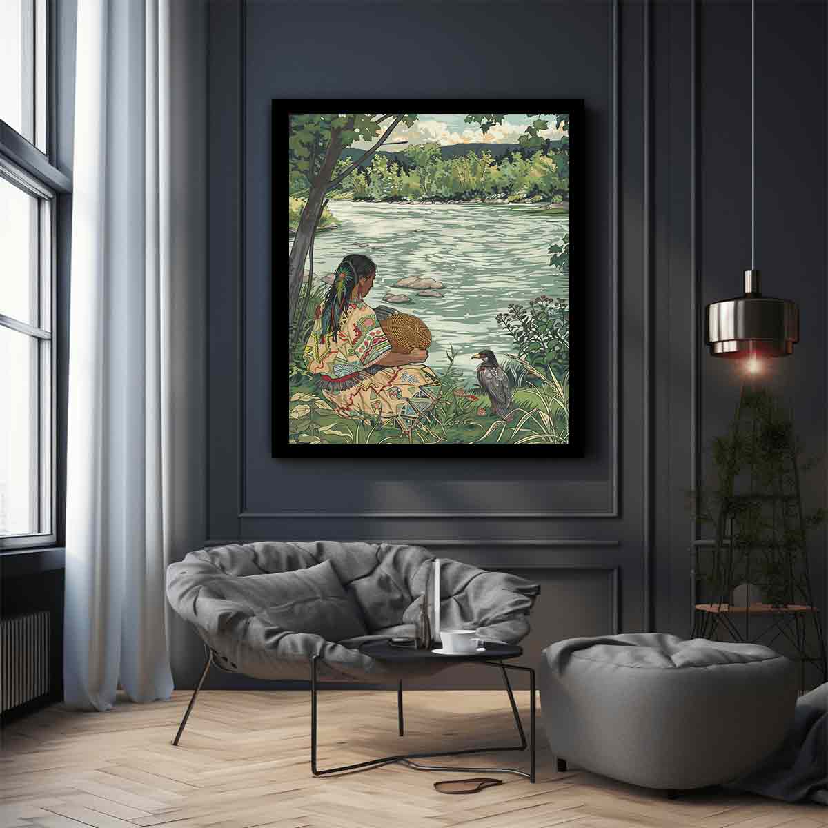 Peaceful riverside basket weaving illustration canvas art for nature-inspired bedroom decor.