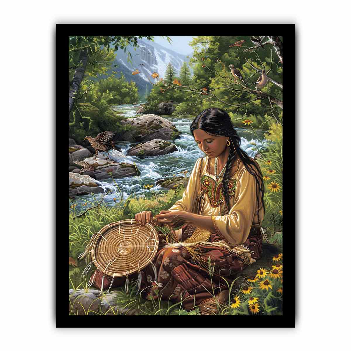 Mountain river basket weaving canvas art with birds for peaceful living room decor.