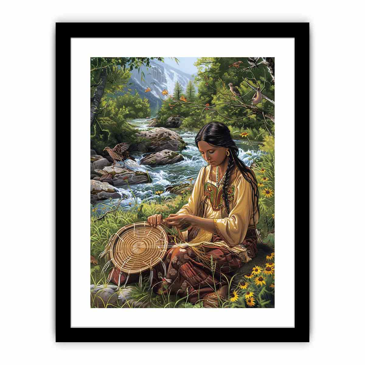 Mountain river basket weaving canvas art with birds for peaceful living room decor.