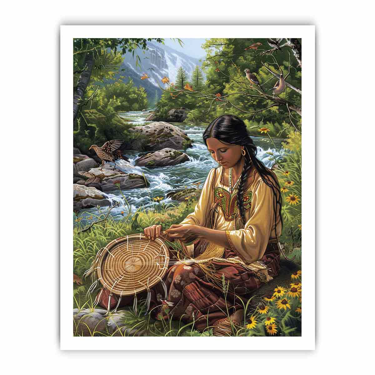 Mountain river basket weaving canvas art with birds for peaceful living room decor.