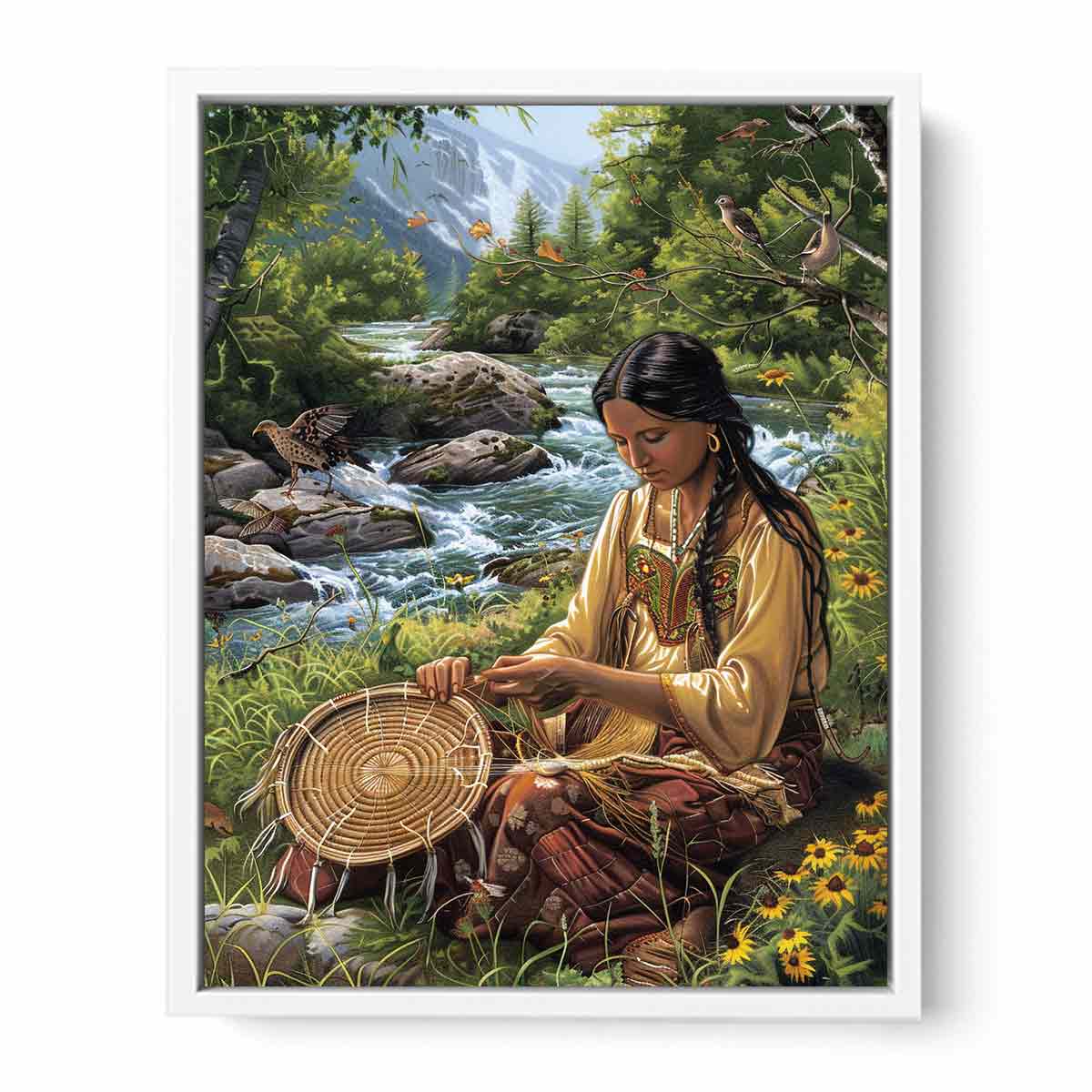 Mountain river basket weaving canvas art with birds for peaceful living room decor.