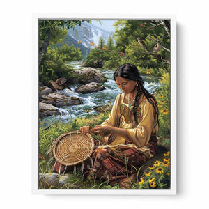Mountain river basket weaving canvas art with birds for peaceful living room decor.