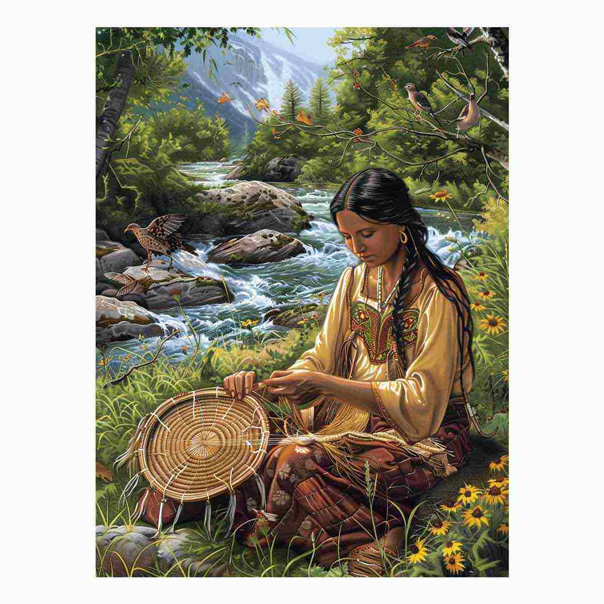 Mountain river basket weaving canvas art with birds for peaceful living room decor.
