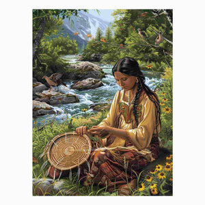 Mountain river basket weaving canvas art with birds for peaceful living room decor.