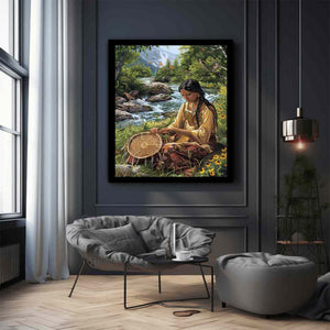 Mountain river basket weaving canvas art with birds for peaceful living room decor.