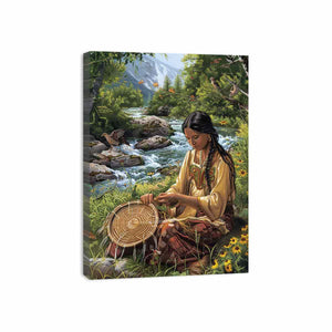 Mountain river basket weaving canvas art with birds for peaceful living room decor.