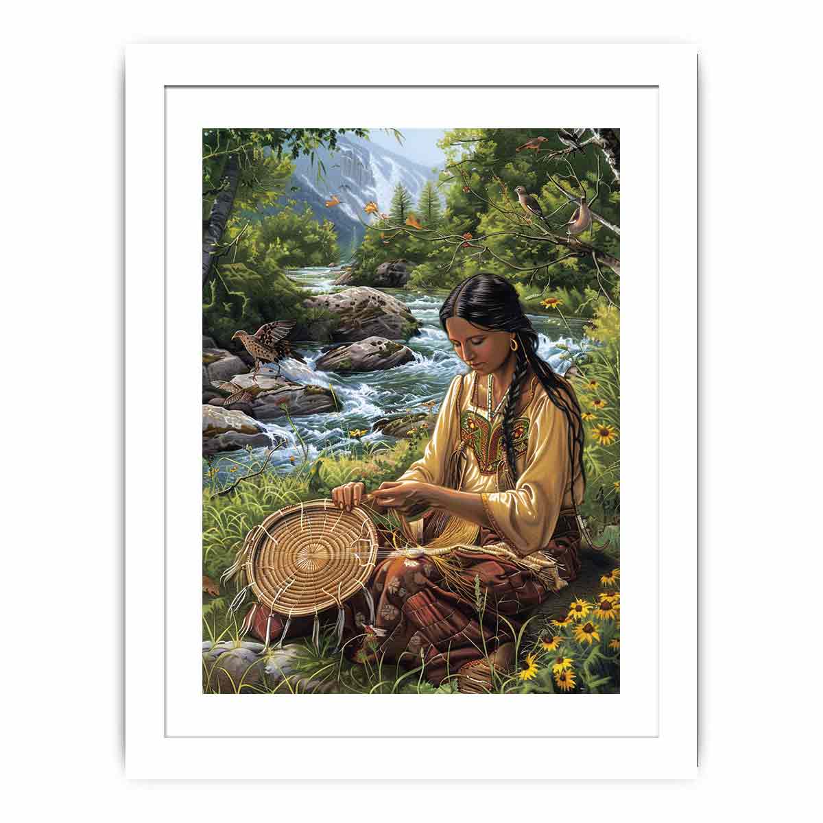 Mountain river basket weaving canvas art with birds for peaceful living room decor.