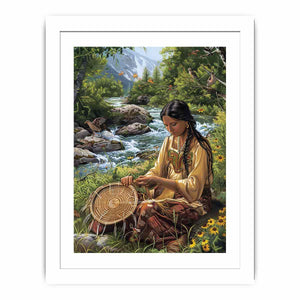 Mountain river basket weaving canvas art with birds for peaceful living room decor.