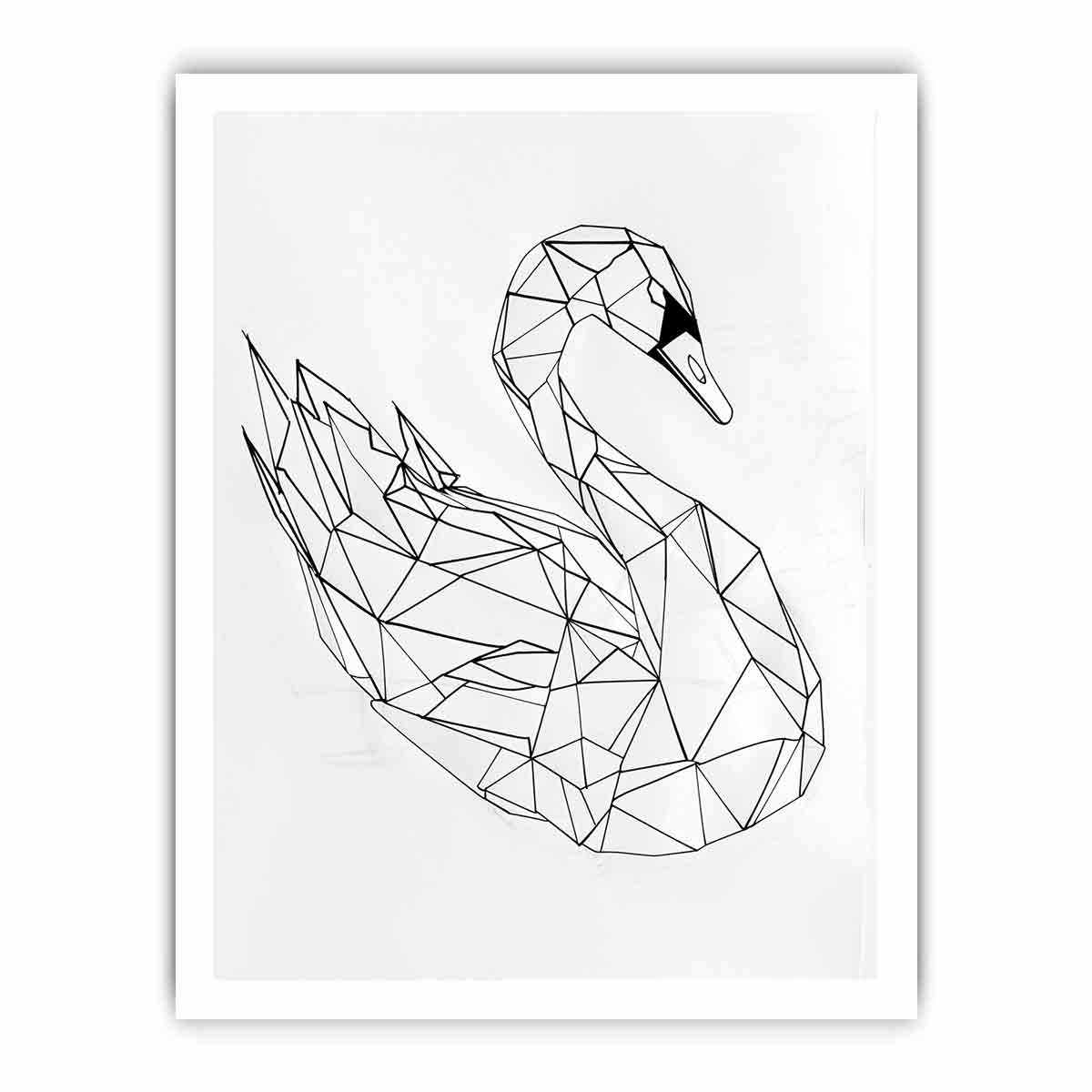 Black and white geometric swan line art for minimalist bedroom or hallway decor.