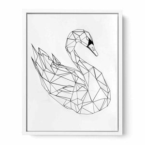 Black and white geometric swan line art for minimalist bedroom or hallway decor.