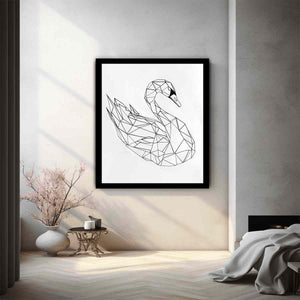 Black and white geometric swan line art for minimalist bedroom or hallway decor.