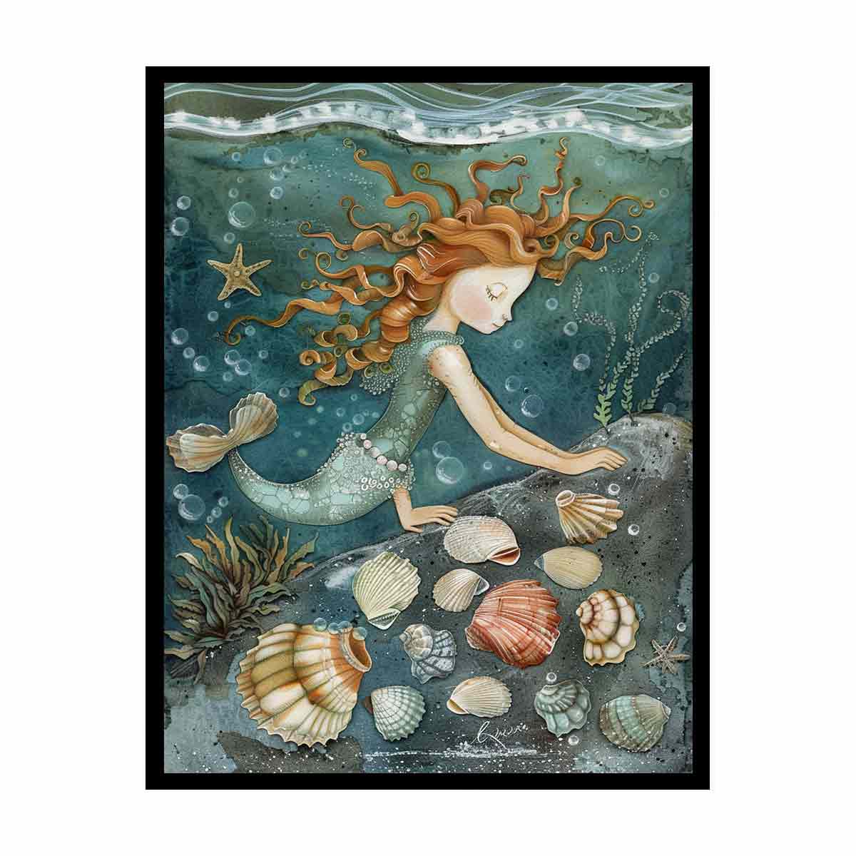 Whimsical mermaid canvas art with seashells and teal ocean details for kids room decor.