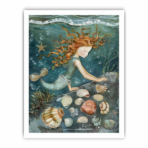 Whimsical mermaid canvas art with seashells and teal ocean details for kids room decor.