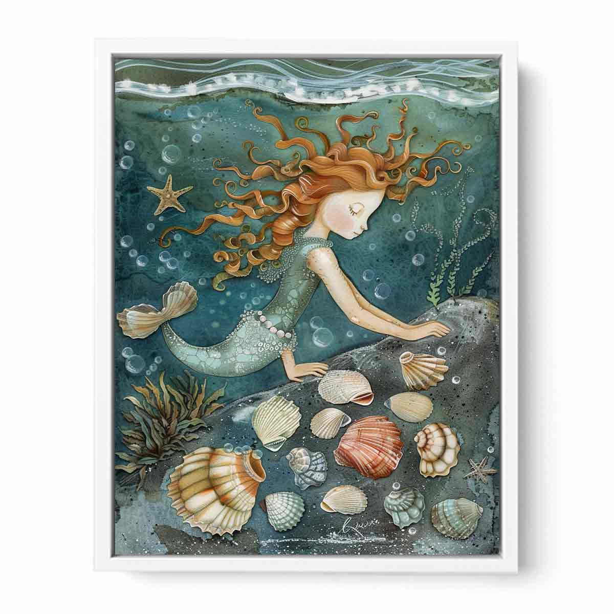 Whimsical mermaid canvas art with seashells and teal ocean details for kids room decor.
