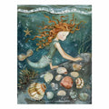 Whimsical mermaid canvas art with seashells and teal ocean details for kids room decor.