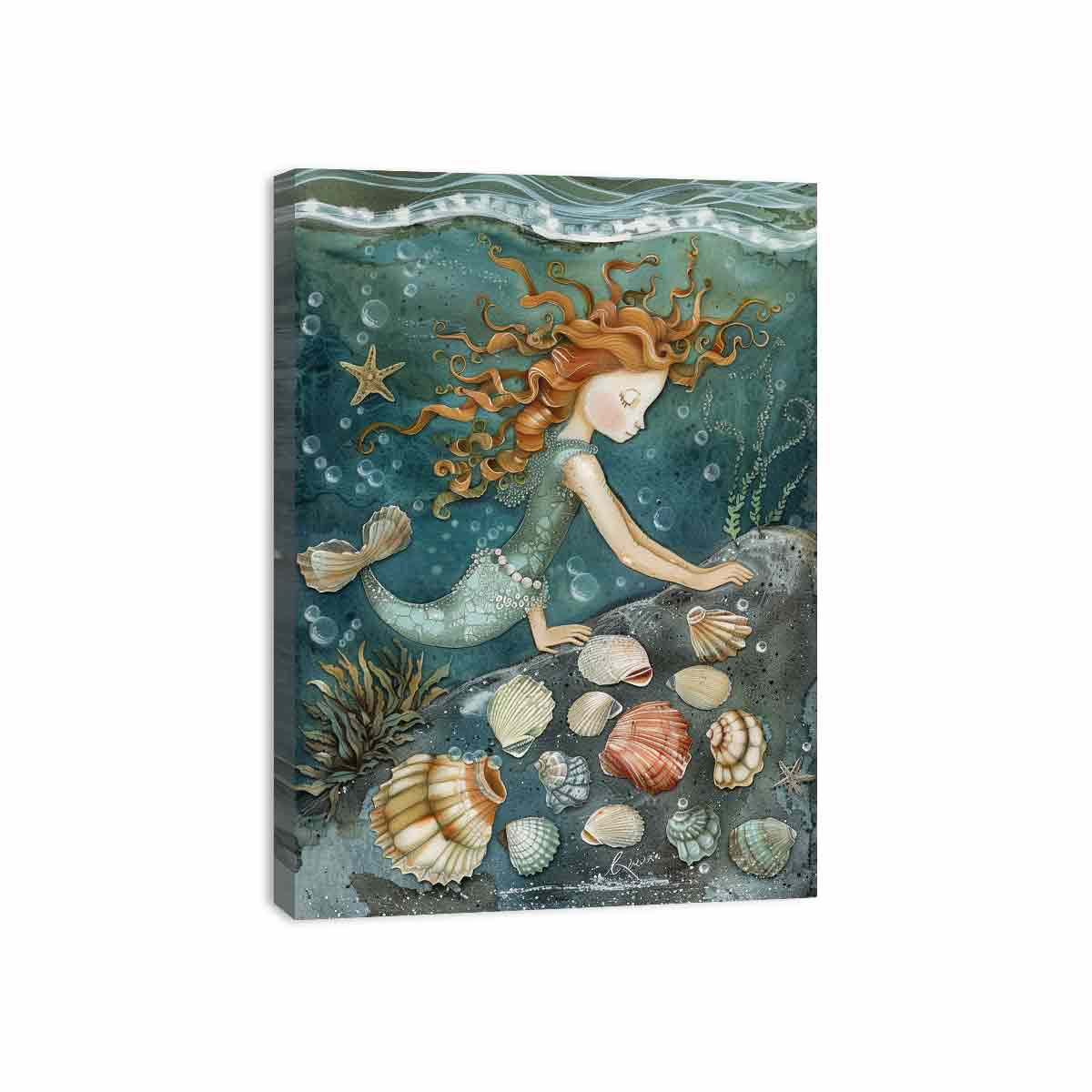 Whimsical mermaid canvas art with seashells and teal ocean details for kids room decor.