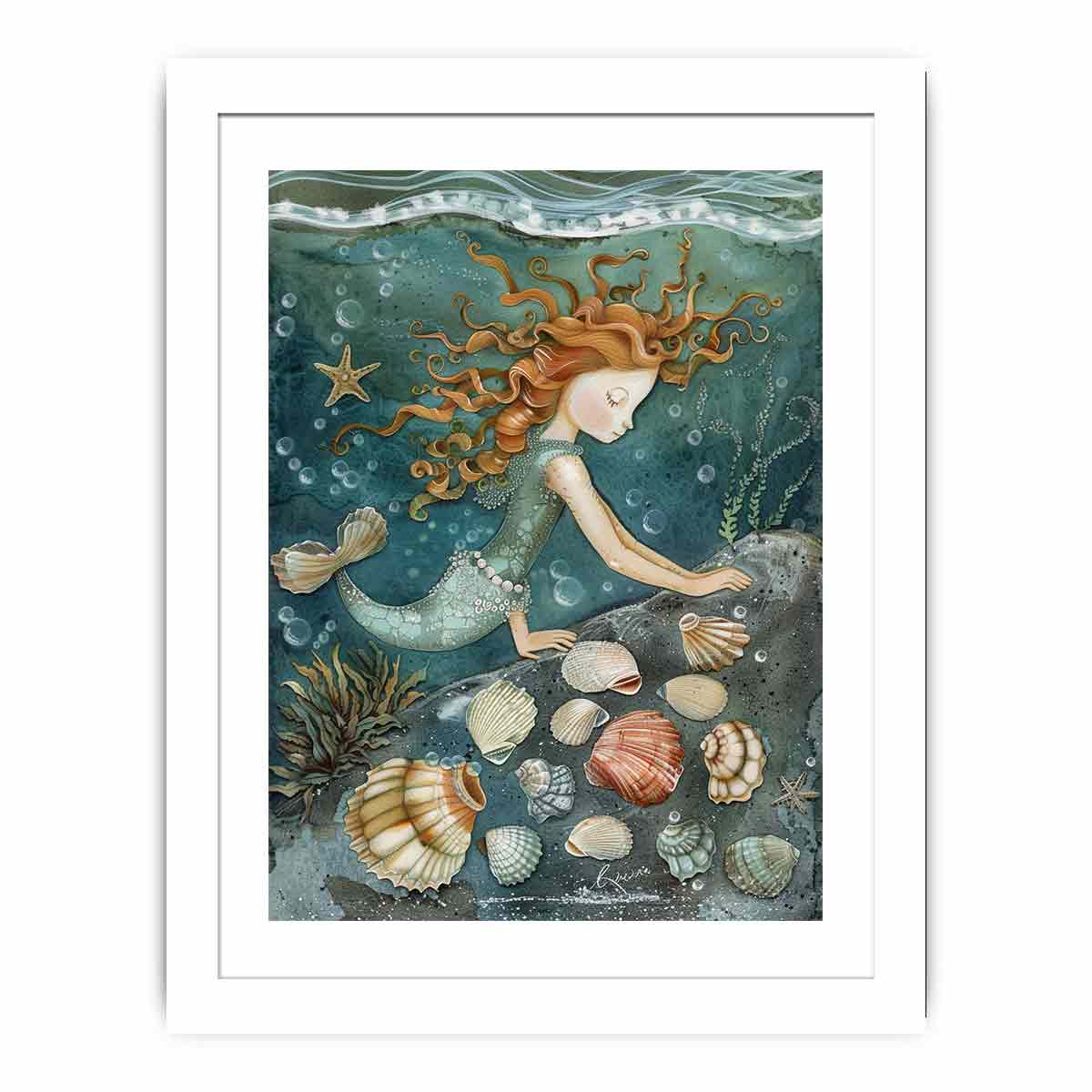 Whimsical mermaid canvas art with seashells and teal ocean details for kids room decor.