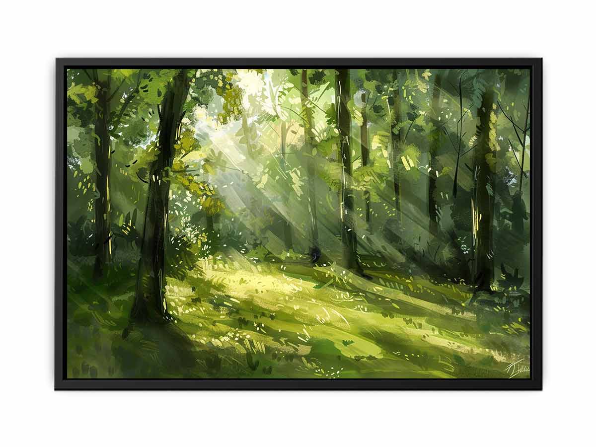 Sunlit green forest canvas art for calming modern living room or bedroom decor.