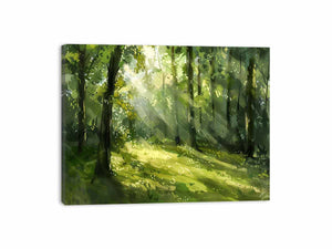 Sunlit green forest canvas art for calming modern living room or bedroom decor.
