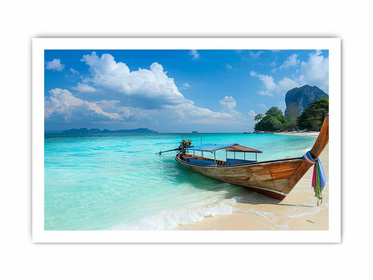 Tropical beach boat canvas print with turquoise ocean for coastal living room decor.