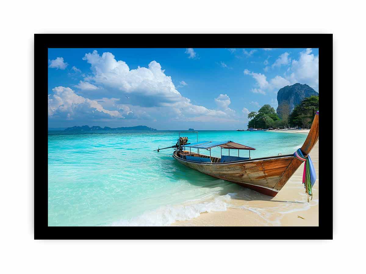 Tropical beach boat canvas print with turquoise ocean for coastal living room decor.