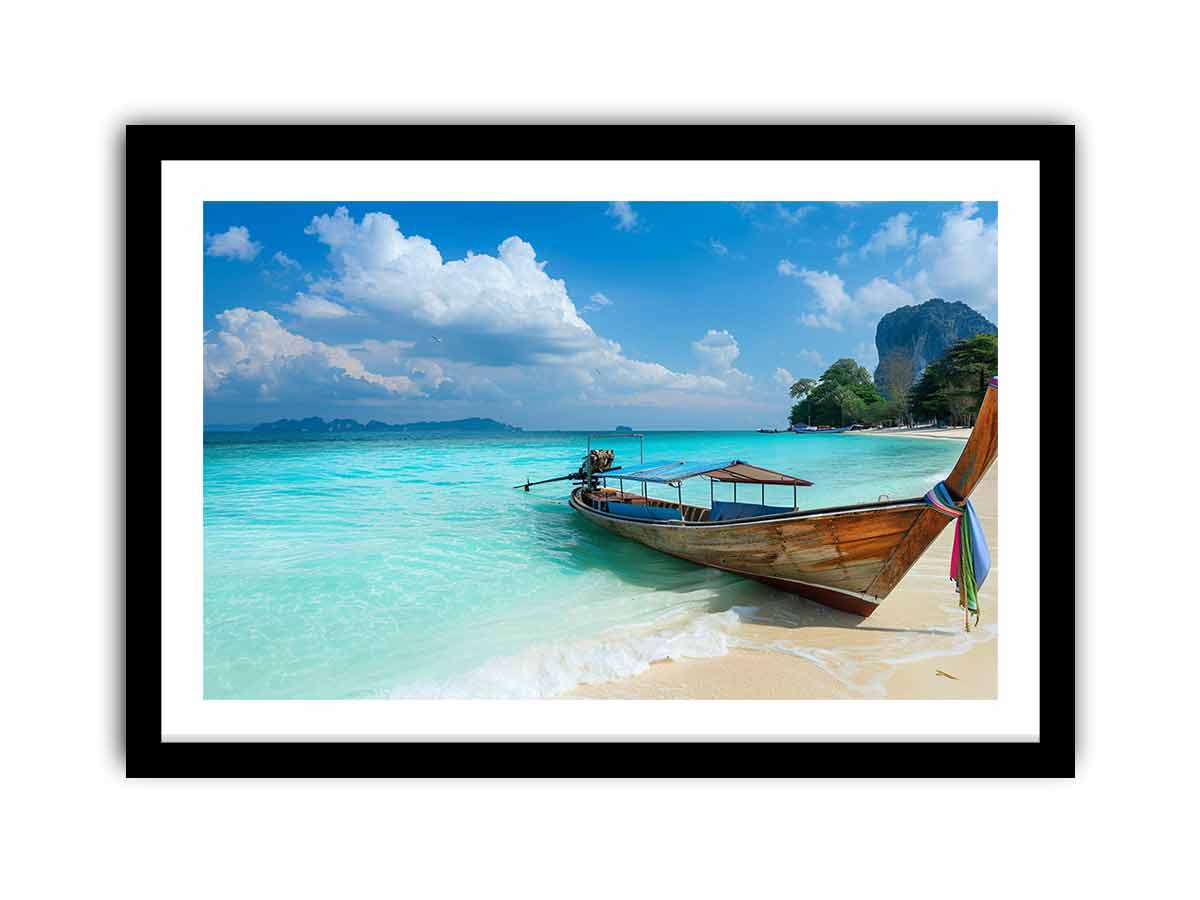 Tropical beach boat canvas print with turquoise ocean for coastal living room decor.