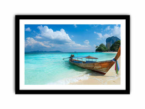 Tropical beach boat canvas print with turquoise ocean for coastal living room decor.