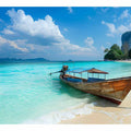 Tropical beach boat canvas print with turquoise ocean for coastal living room decor.