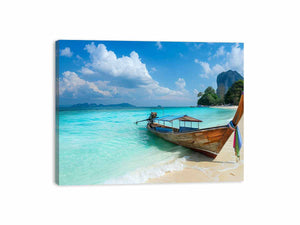 Tropical beach boat canvas print with turquoise ocean for coastal living room decor.