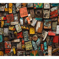 Industrial found object canvas art with rustic metal and colorful vintage details for loft decor.