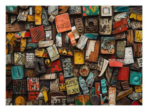 Industrial found object canvas art with rustic metal and colorful vintage details for loft decor.