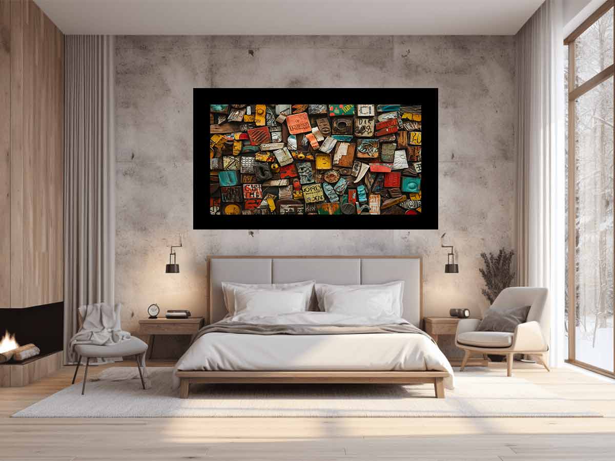 Industrial found object canvas art with rustic metal and colorful vintage details for loft decor.