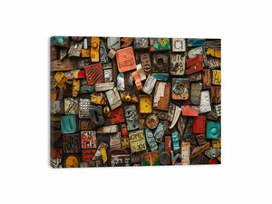 Industrial found object canvas art with rustic metal and colorful vintage details for loft decor.