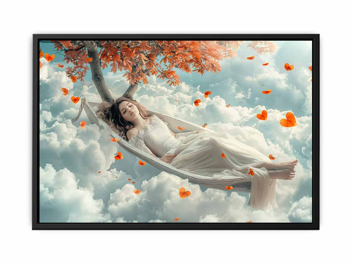 Dreamy woman sleeping in cloud hammock canvas art for soft bedroom decor.