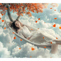 Dreamy woman sleeping in cloud hammock canvas art for soft bedroom decor.