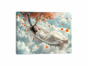 Dreamy woman sleeping in cloud hammock canvas art for soft bedroom decor.