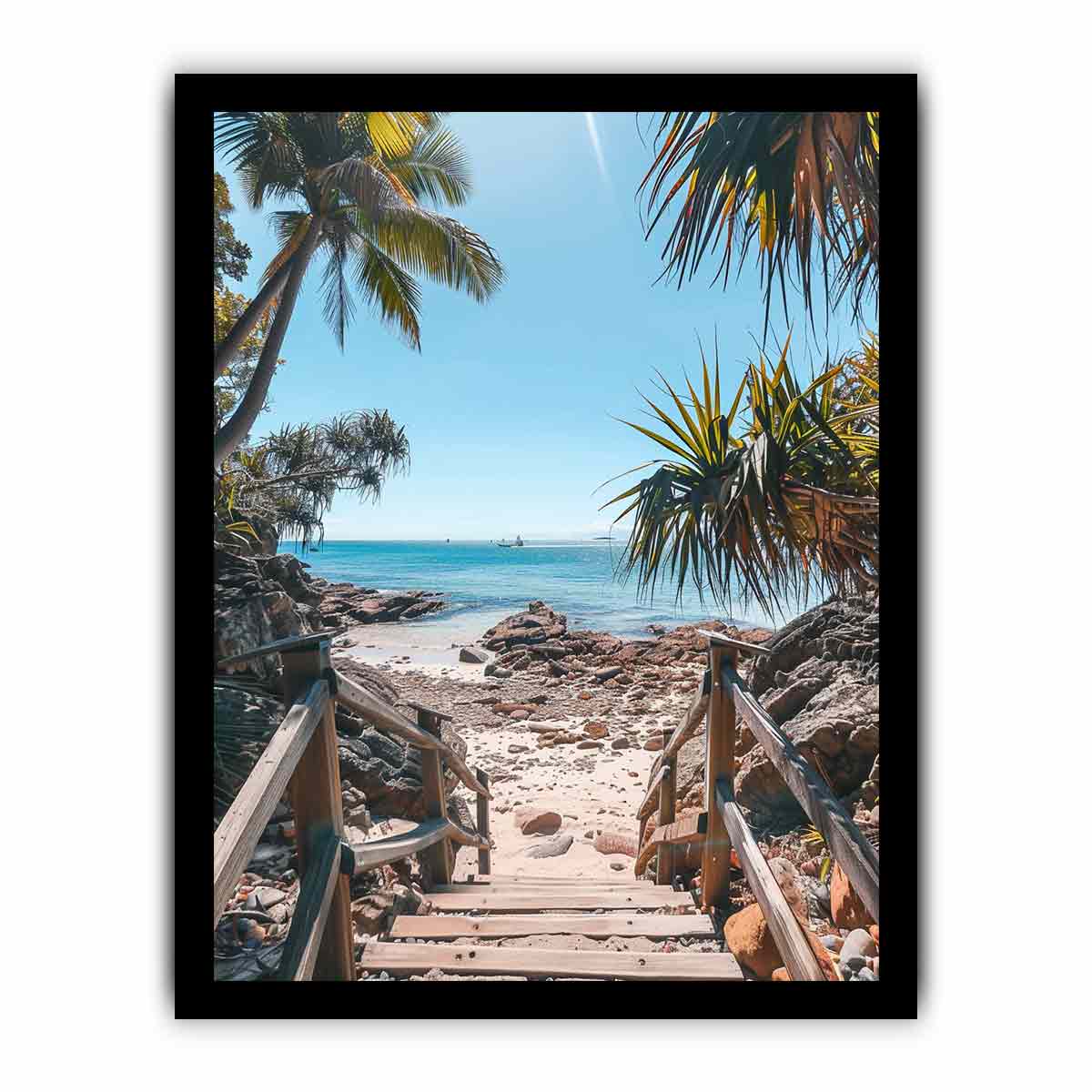 Vertical coastal beach stairs canvas print with palms and ocean for entryway decor.