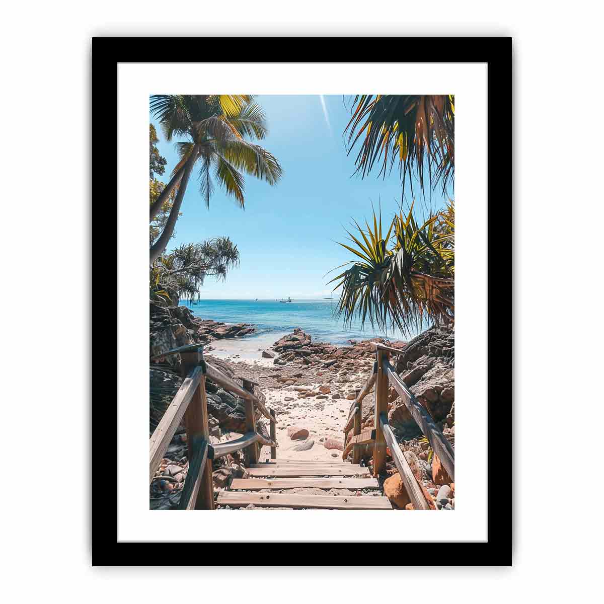 Vertical coastal beach stairs canvas print with palms and ocean for entryway decor.