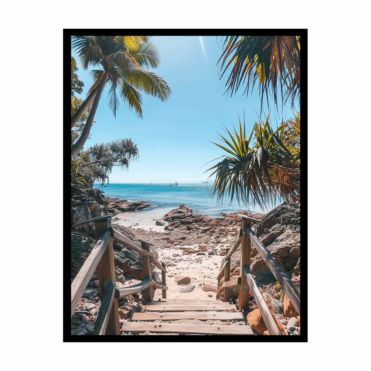 Vertical coastal beach stairs canvas print with palms and ocean for entryway decor.