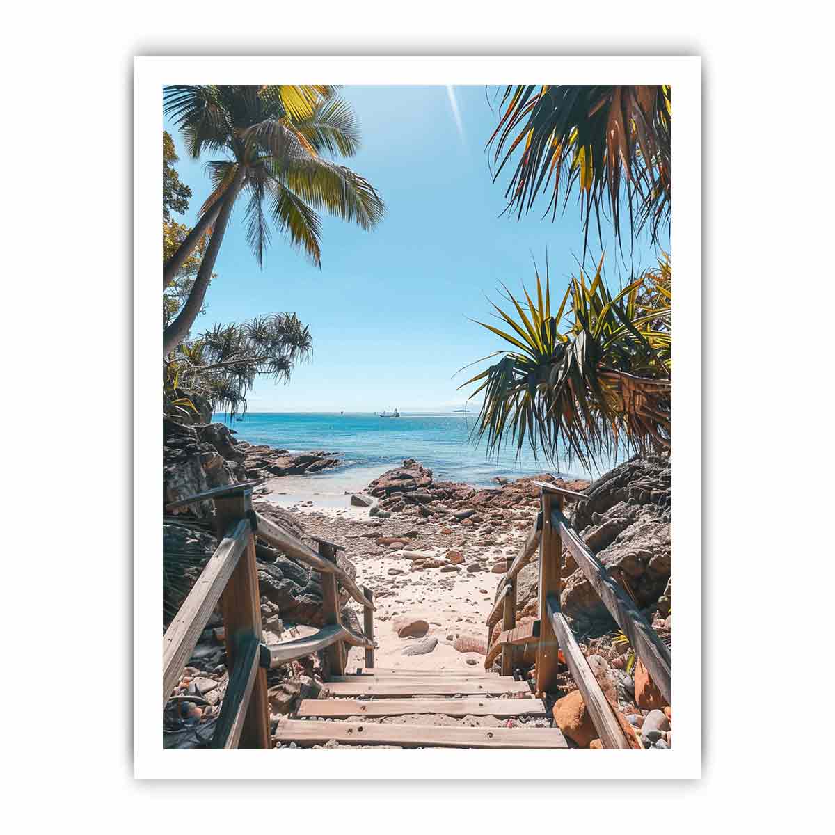 Vertical coastal beach stairs canvas print with palms and ocean for entryway decor.