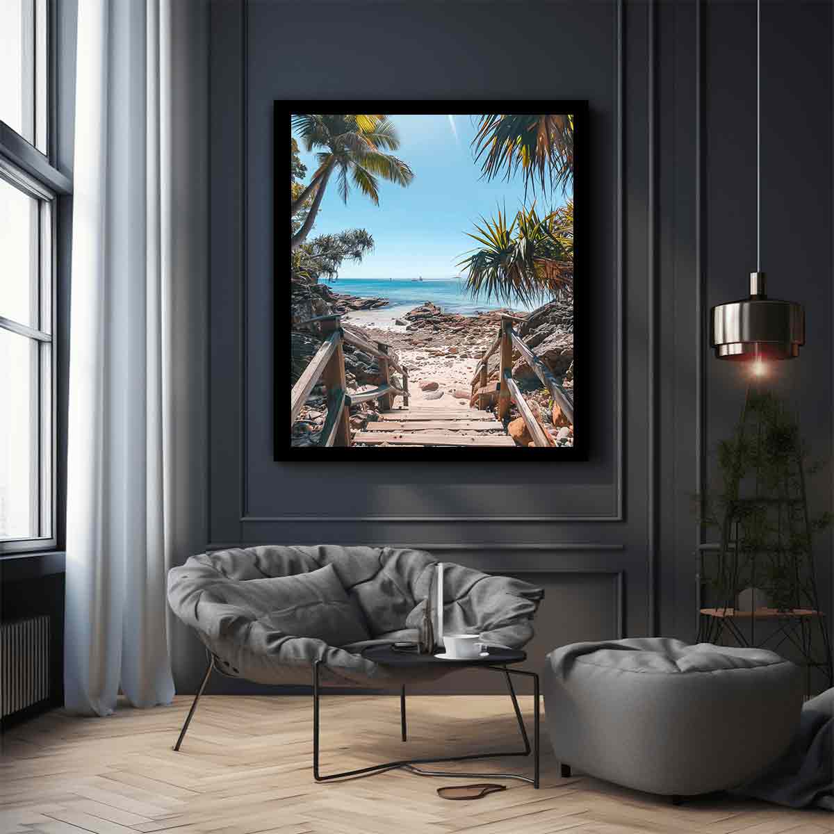 Vertical coastal beach stairs canvas print with palms and ocean for entryway decor.