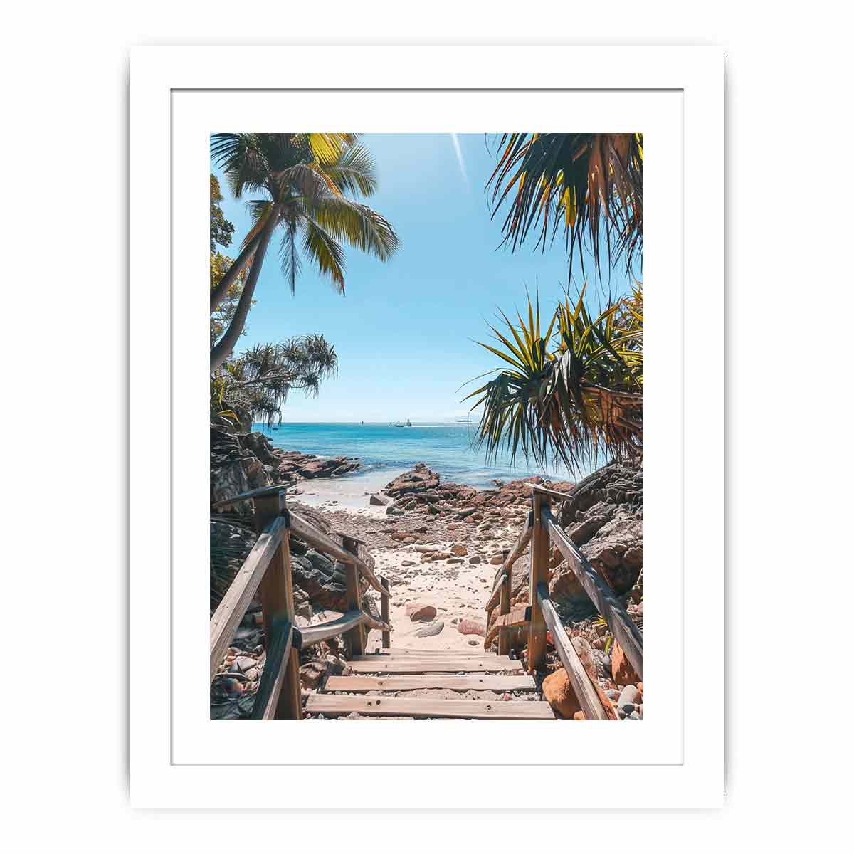 Vertical coastal beach stairs canvas print with palms and ocean for entryway decor.