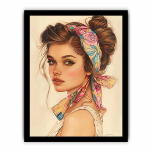 Fashion portrait canvas art of a woman with floral scarf for feminine bedroom decor.
