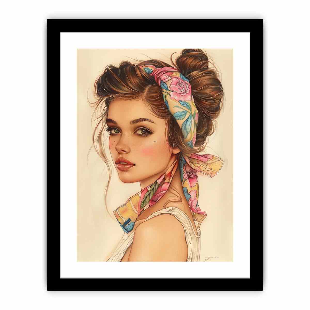 Fashion portrait canvas art of a woman with floral scarf for feminine bedroom decor.