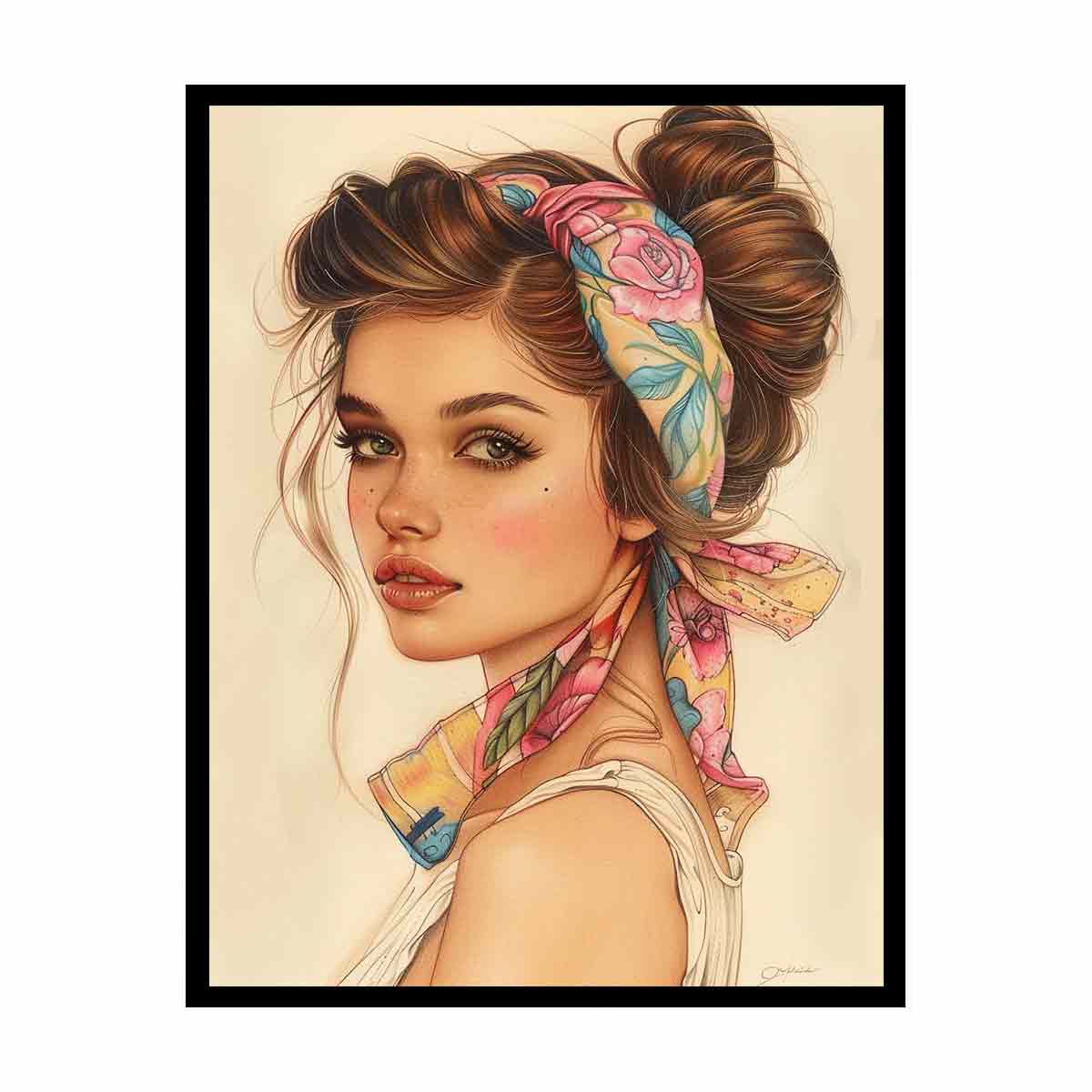 Fashion portrait canvas art of a woman with floral scarf for feminine bedroom decor.