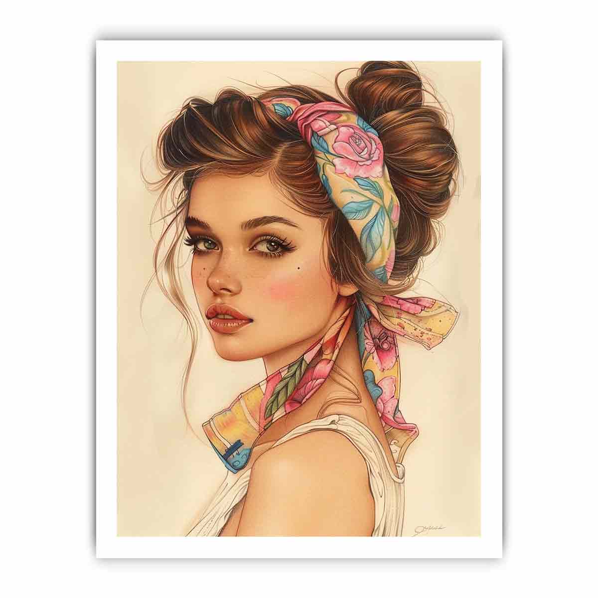 Fashion portrait canvas art of a woman with floral scarf for feminine bedroom decor.
